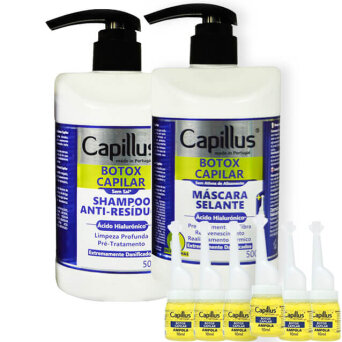 Capillus Botox Capilar Botox na włosy - zestaw szampon i maska 2x500ml + ampułki z kwasem hialuronowym 6x10ml