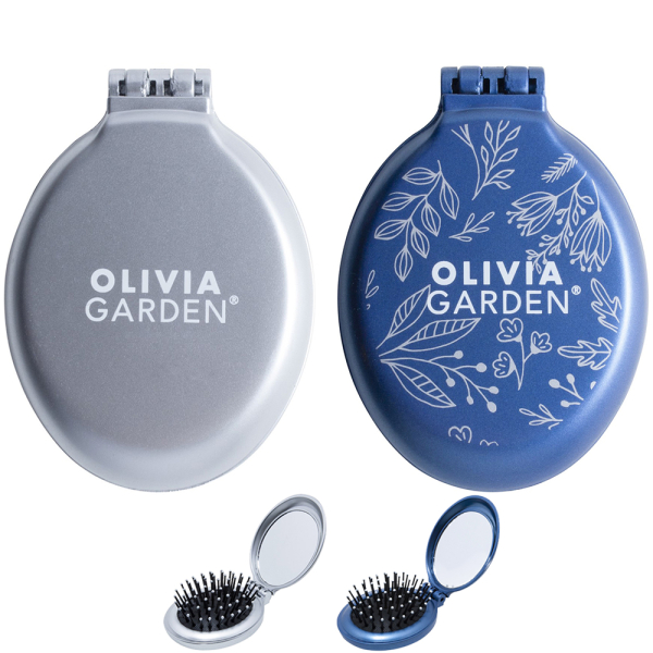 Olivia Garden Holiday 2021, szczotka z lusterkiem do włosów, srebrna i niebieska