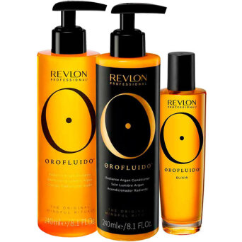 Revlon Orofluido - zestaw rozświetlający włosy szampon 240ml, odżywka 240ml i olejek 100ml
