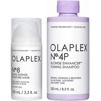 Olaplex No.4P / No.8 Blond Enhancer - zestaw do regeneracji włosów blond szampon 250ml i maska 100ml