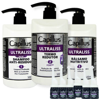 Capillus Ultraliss Forte Nanoplastia włosów - zestaw do nanoplastii szampon, serum i balsam 3x500ml + ampułki z kwasem hialuronowym 6x10ml