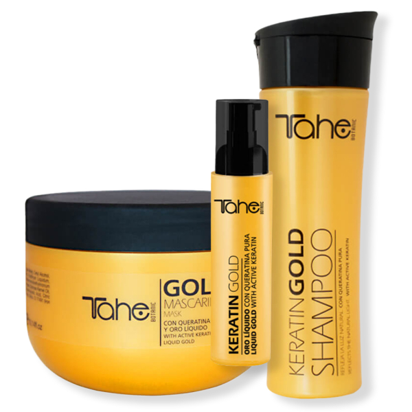 Tahe Keratin Gold, zestaw do pielęgnacji włosów bardzo zniszczonych i suchych, szampon, maska, olejek