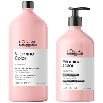 Loreal Vitamino Color Resveratrol - zestaw przedłużający trwałość koloru, szampon 1500ml + odżywka 750ml